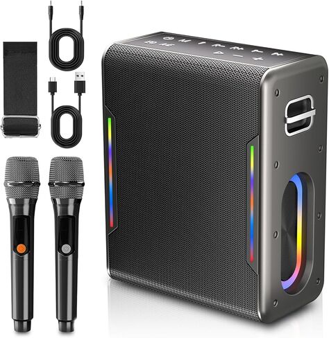 Karaoke Machine with 2 Wireless Microphones, Portable Bluetooth Karaoke Speaker for Adults, 2 Voice Mode & LED Party Lights, Birthday Gifts for Kids Family,Supports BT/TWS/AUX/USB/TF (Deep Black) in Kuwait