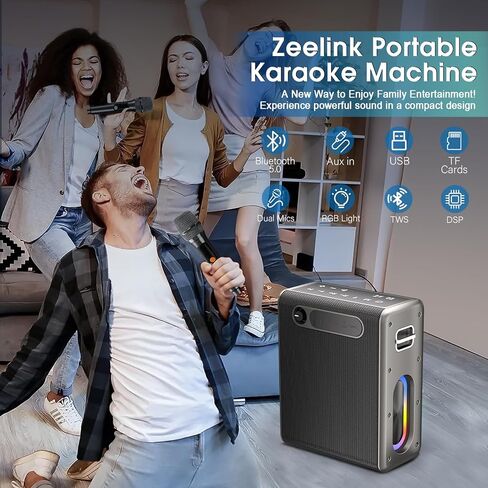 Karaoke Machine with 2 Wireless Microphones, Portable Bluetooth Karaoke Speaker for Adults, 2 Voice Mode & LED Party Lights, Birthday Gifts for Kids Family,Supports BT/TWS/AUX/USB/TF (Deep Black) in Kuwait