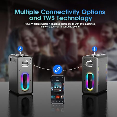 Karaoke Machine with 2 Wireless Microphones, Portable Bluetooth Karaoke Speaker for Adults, 2 Voice Mode & LED Party Lights, Birthday Gifts for Kids Family,Supports BT/TWS/AUX/USB/TF (Deep Black) in Kuwait