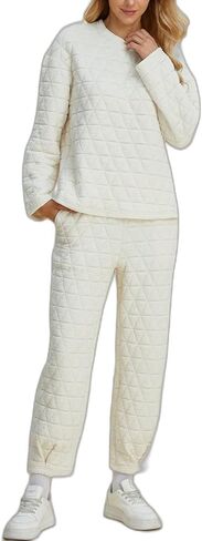 Women's Casual Two-Piece Set Quilted Solid Top And Pants With Pockets Loungewear Set (Beige,3X-Large) in Kuwait