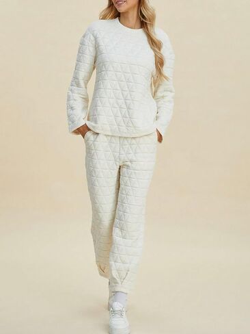 Women's Casual Two-Piece Set Quilted Solid Top And Pants With Pockets Loungewear Set (Beige,3X-Large) in Kuwait