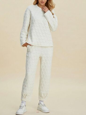 Women's Casual Two-Piece Set Quilted Solid Top And Pants With Pockets Loungewear Set (Beige,3X-Large) in Kuwait