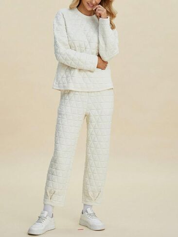 Women's Casual Two-Piece Set Quilted Solid Top And Pants With Pockets Loungewear Set (Beige,3X-Large) in Kuwait