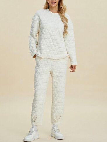 Women's Casual Two-Piece Set Quilted Solid Top And Pants With Pockets Loungewear Set (Beige,3X-Large) in Kuwait