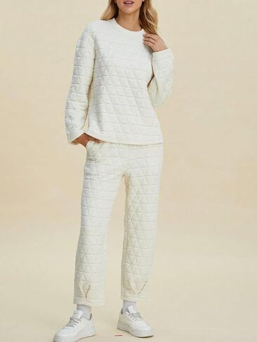 Women's Casual Two-Piece Set Quilted Solid Top And Pants With Pockets Loungewear Set (Beige,3X-Large) in Kuwait
