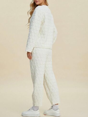 Women's Casual Two-Piece Set Quilted Solid Top And Pants With Pockets Loungewear Set (Beige,3X-Large) in Kuwait