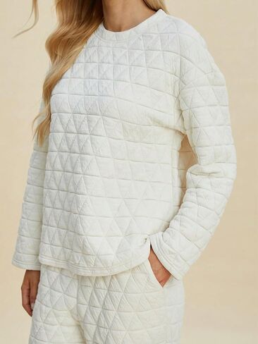 Women's Casual Two-Piece Set Quilted Solid Top And Pants With Pockets Loungewear Set (Beige,3X-Large) in Kuwait