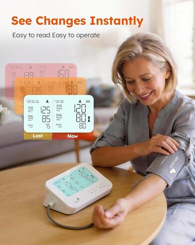 Blood Pressure Monitor, FSA-HSA Eligible, One-Touch Voice Control | Upper Arm Design, Dual Screen Comparison, Type-C Rechargeable, Irregular Heartbeat Detection, Color-Coded BP Indicator in Kuwait