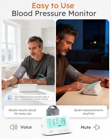 Blood Pressure Monitor, FSA-HSA Eligible, One-Touch Voice Control | Upper Arm Design, Dual Screen Comparison, Type-C Rechargeable, Irregular Heartbeat Detection, Color-Coded BP Indicator in Kuwait