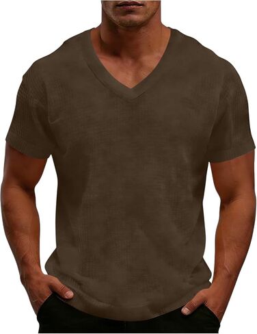 Men's Shirt Summer V Neck Short Sleeve Tops Lightweight Breathable Casual Solid Color Tshirts for Vacation Outfits in Kuwait