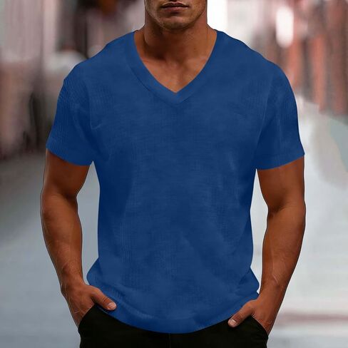 Men's Shirt Summer V Neck Short Sleeve Tops Lightweight Breathable Casual Solid Color Tshirts for Vacation Outfits in Kuwait