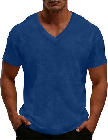 Men's Shirt Summer V Neck Short Sleeve Tops Lightweight Breathable Casual Solid Color Tshirts for Vacation Outfits in Kuwait