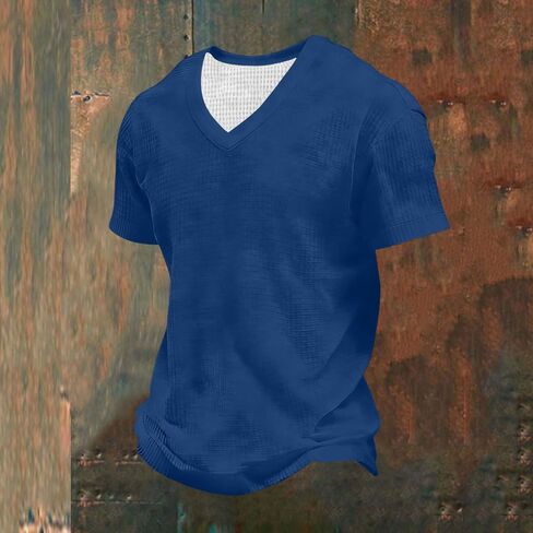 Men's Shirt Summer V Neck Short Sleeve Tops Lightweight Breathable Casual Solid Color Tshirts for Vacation Outfits in Kuwait