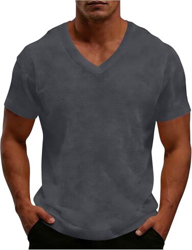 Men's Shirt Summer V Neck Short Sleeve Tops Lightweight Breathable Casual Solid Color Tshirts for Vacation Outfits in Kuwait