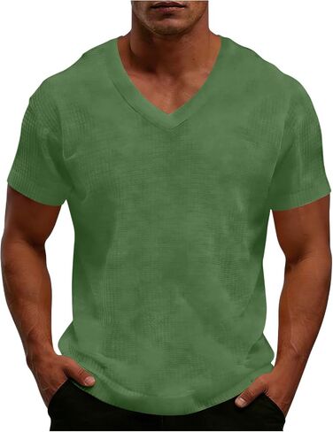 Men's Shirt Summer V Neck Short Sleeve Tops Lightweight Breathable Casual Solid Color Tshirts for Vacation Outfits in Kuwait