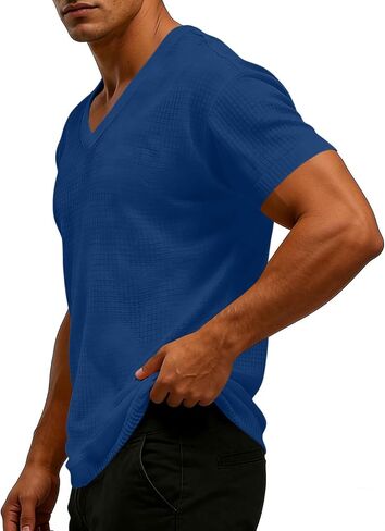 Men's Shirt Summer V Neck Short Sleeve Tops Lightweight Breathable Casual Solid Color Tshirts for Vacation Outfits in Kuwait