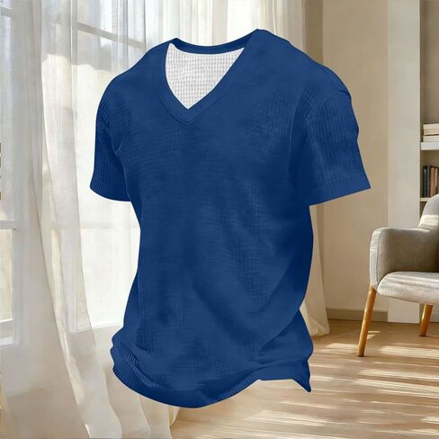 Men's Shirt Summer V Neck Short Sleeve Tops Lightweight Breathable Casual Solid Color Tshirts for Vacation Outfits in Kuwait