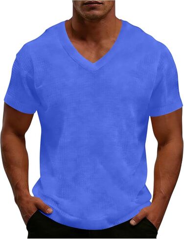 Men's Shirt Summer V Neck Short Sleeve Tops Lightweight Breathable Casual Solid Color Tshirts for Vacation Outfits in Kuwait