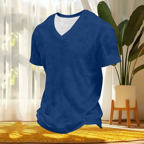 Men's Shirt Summer V Neck Short Sleeve Tops Lightweight Breathable Casual Solid Color Tshirts for Vacation Outfits in Kuwait