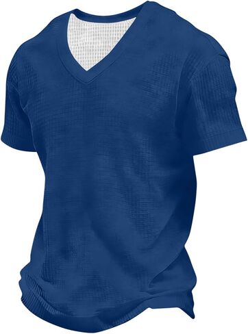 Men's Shirt Summer V Neck Short Sleeve Tops Lightweight Breathable Casual Solid Color Tshirts for Vacation Outfits in Kuwait