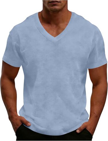 Men's Shirt Summer V Neck Short Sleeve Tops Lightweight Breathable Casual Solid Color Tshirts for Vacation Outfits in Kuwait