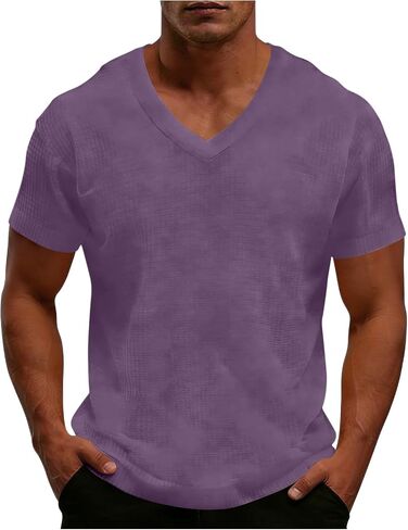 Men's Shirt Summer V Neck Short Sleeve Tops Lightweight Breathable Casual Solid Color Tshirts for Vacation Outfits in Kuwait