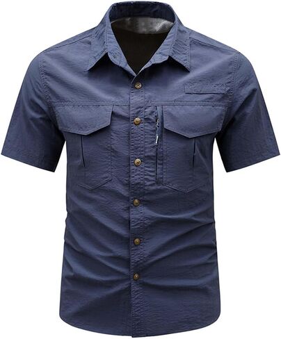 Men's Shirt Summer Collared Short Sleeve Tops with Multiple Pockets Lightweight Breathable Outdoor Travel Tshirts in Kuwait
