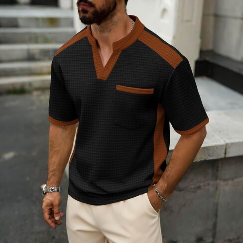 Mens Shirts Summer V Neck Short Sleeve Tops with Chest Pocket Lightweight Breathable Lounge Shirts for Vacation in Kuwait