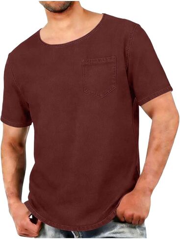 Men's Shirt Summer Crew Neck Short Sleeve Tops with Chest Pocket Breathable Lounge Solid Color T Shirts for Daily in Kuwait