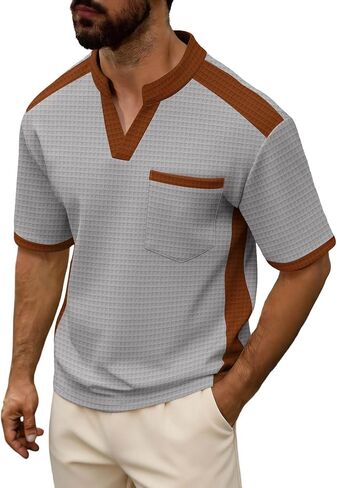 Mens Shirts Summer V Neck Short Sleeve Tops with Chest Pocket Lightweight Breathable Lounge Shirts for Vacation in Kuwait