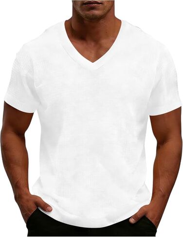 Shirt for Men Summer V Neck Short Sleeve Tops Lightweight Breathable Vacation Solid Color Tshirts for Daily Outfits in Kuwait
