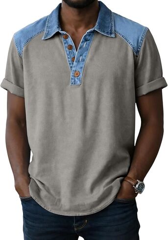 Mens Shirt Summer Denim Collar Short Sleeve Tops Lightweight Breathable Lounge Contrast Color Tees for Daily Outfits in Kuwait
