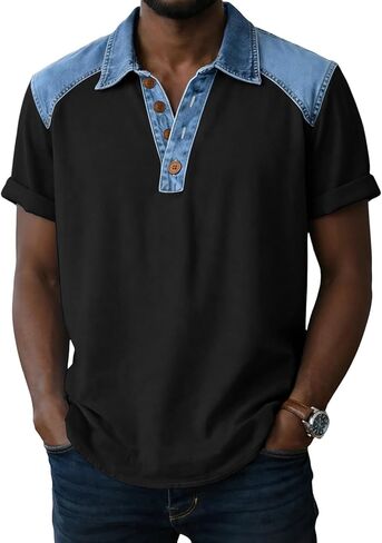 Mens Shirt Summer Denim Collar Short Sleeve Tops Lightweight Breathable Lounge Contrast Color Tees for Daily Outfits in Kuwait