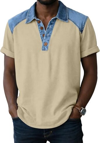 Mens Shirt Summer Denim Collar Short Sleeve Tops Lightweight Breathable Lounge Contrast Color Tees for Daily Outfits in Kuwait