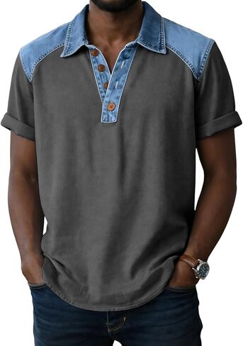 Mens Shirt Summer Denim Collar Short Sleeve Tops Lightweight Breathable Lounge Contrast Color Tees for Daily Outfits in Kuwait