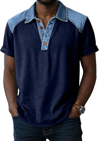 Mens Shirt Summer Denim Collar Short Sleeve Tops Lightweight Breathable Lounge Contrast Color Tees for Daily Outfits in Kuwait