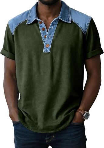 Mens Shirt Summer Denim Collar Short Sleeve Tops Lightweight Breathable Lounge Contrast Color Tees for Daily Outfits in Kuwait