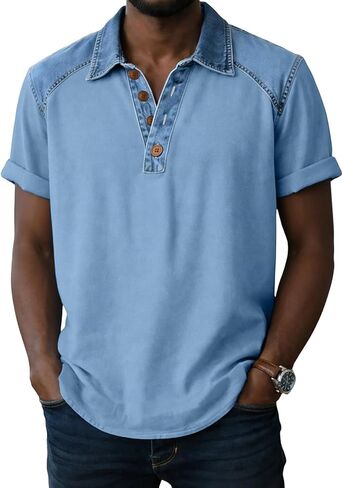 Mens Shirt Summer Denim Collar Short Sleeve Tops Lightweight Breathable Lounge Contrast Color Tees for Daily Outfits in Kuwait