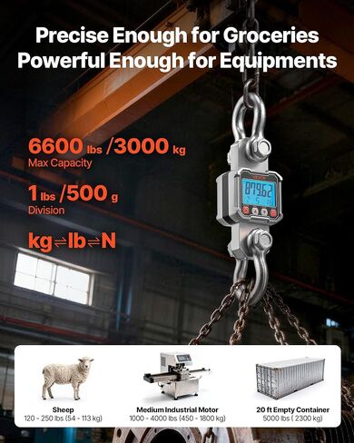VEVOR Digital Crane Scale, 6600 lbs/3000 kg Max Capacity, Heavy Duty Industrial Hanging Scale with Cast Aluminum Case & LCD Display, 1 lbs Division & 3 Unit Switch, Remote Control for Garage Factory in Kuwait