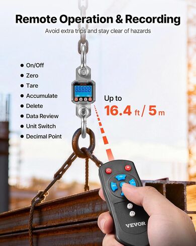 VEVOR Digital Crane Scale, 6600 lbs/3000 kg Max Capacity, Heavy Duty Industrial Hanging Scale with Cast Aluminum Case & LCD Display, 1 lbs Division & 3 Unit Switch, Remote Control for Garage Factory in Kuwait