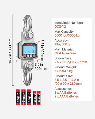 VEVOR Digital Crane Scale, 6600 lbs/3000 kg Max Capacity, Heavy Duty Industrial Hanging Scale with Cast Aluminum Case & LCD Display, 1 lbs Division & 3 Unit Switch, Remote Control for Garage Factory in Kuwait