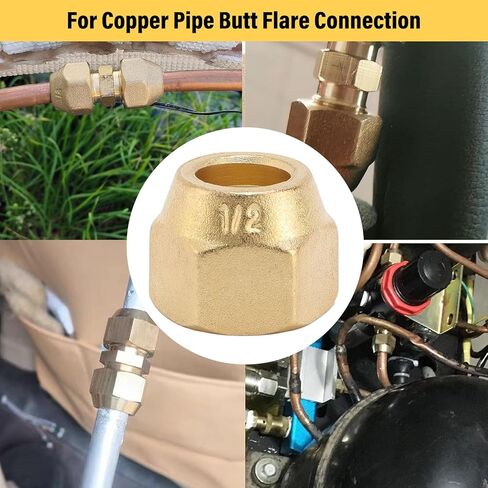 Brass Refrigeration Flare Nut, HVAC Copper Pipe Flare Nut, 10PCS 1/2 Inch Flare Nuts Thickened Brass Flare Tube Fittings for Air Conditioning Copper Pipe Extension Butt in Kuwait