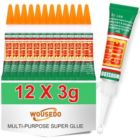 WOUSEDO 12 X 3g Super Glue Clear, Strong Adhesive,Super Glue Fast Drying Cyanoacrylate Glue for Wood,Rubber,Leather, Plastic, Metal, Rhinestone Jewelry, DIY Crafts and More in Kuwait