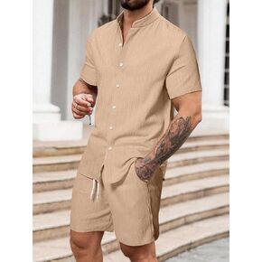 Men's 2pcs Solid Color Linen Blend Outfit, Short Sleeve Mandarin Collar Shirt and Drawstring Shorts Set for Summer (Khaki,XX-Large) in Kuwait