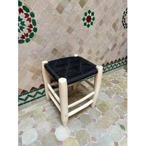 Moroccan Handwoven Stool, Natural Wood Footstool with Black Woven Cotton Seat, Bohemian Rustic Small Ottoman Bench for Living Room Bedroom Bathroom in Kuwait