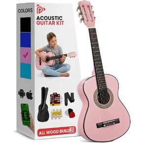 Pyle 30-Inch Beginner Acoustic Guitar Kit, 6-String Classical Style Travel Guitar for Kids & Adults - Includes Shoulder Strap, Strings, Picks, Tuning Pitch Pipe & Storage Gig Bag, Handcrafted Wood in Kuwait