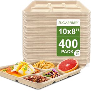 Sugarfiber 10"x 8" Compostable Shallow 5 Compartment Paper Trays [100 Count] - PFAS Free Bagasse Disposable School Lunch Plates - Eco-Friendly Heavy-Duty Divided Serving Platter for Cafeteria in Kuwait