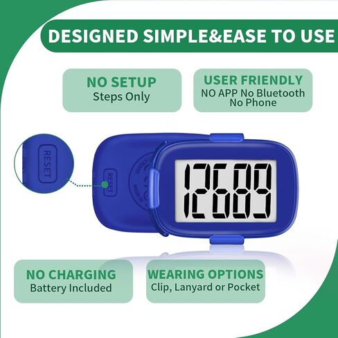 Pedometer Walking Simple 3D Step Counter with Clip and Lanyard, Activities Fitness Tracker Without Smartphone, Accurate Step Tracker for Women, Men, Seniors-Royal Blue in Kuwait
