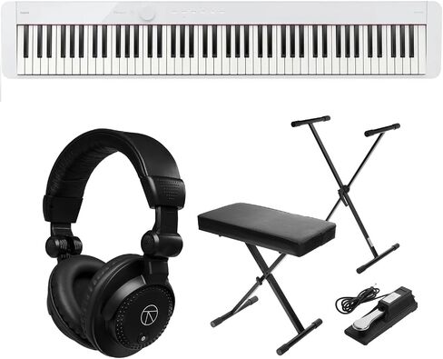 بيانو مسرح رقمي نحيف 88 مفتاحًا من Casio PX-S1100 مع محول بلوتوث، أبيض، حزمة مع حامل لوحة مفاتيح H&A/مجموعة مقاعد البدلاء مع دواسة مستدامة، سماعات رأس Turnstile Audio TAPH100 ​​Studio Monitor in Kuwait