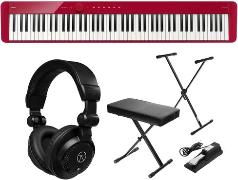 بيانو مسرح رقمي نحيف 88 مفتاحًا من Casio PX-S1100 مع محول بلوتوث، أحمر، حزمة مع حامل لوحة مفاتيح H&A/مجموعة مقاعد البدلاء مع دواسة مستدامة، سماعات رأس Turnstile Audio TAPH100 ​​Studio Monitor in Kuwait